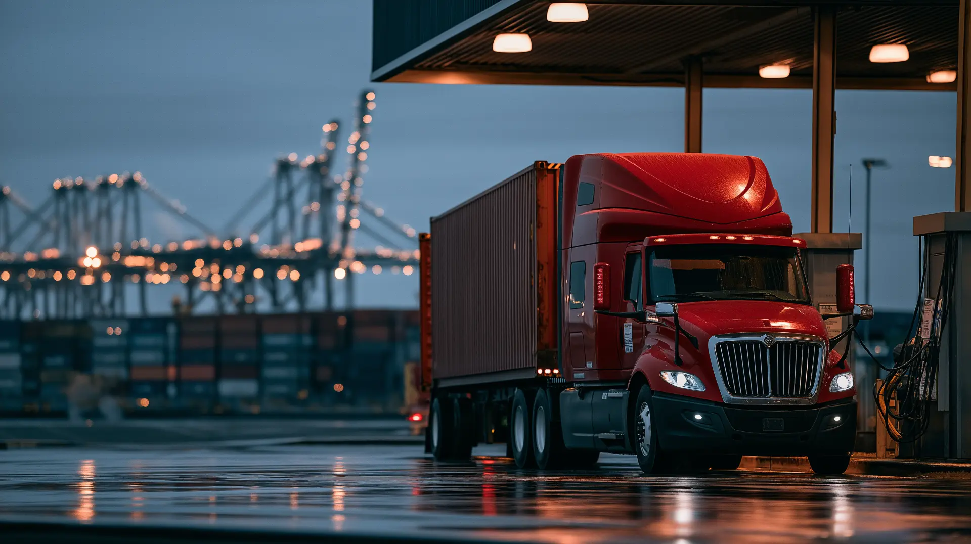 Red semi-truck hauling a shipping container at dusk, illustrating how fuel price volatility affects Chicago drayage services and container trucking costs.